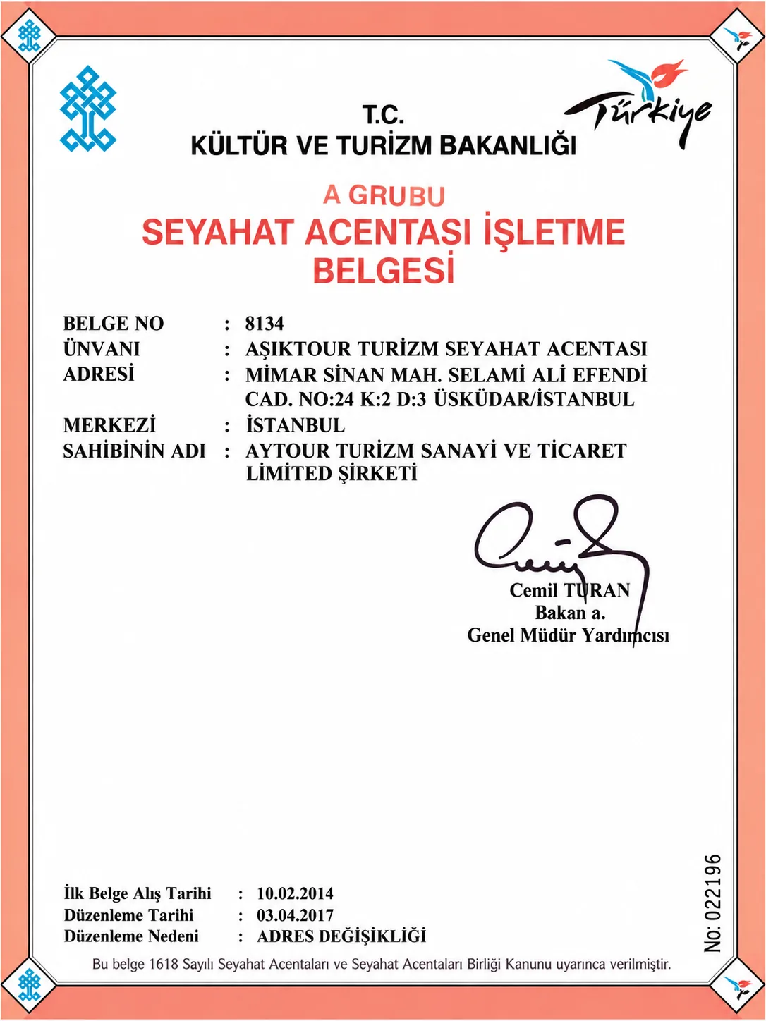 T.C. Kültür ve Turizm Bakanlığı Belgesi