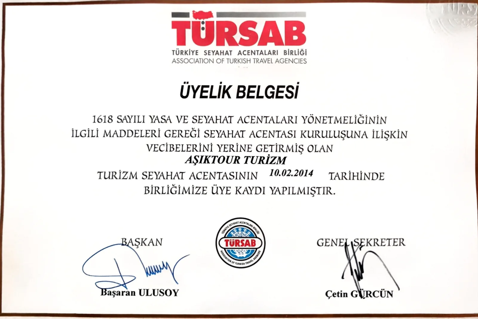 TÜRSAB A Grubu Seyahat Acentası Belgesi